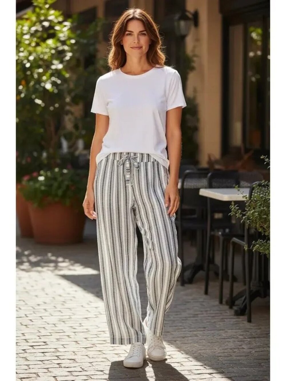 GAP Wide Leg Drawstring Linen Blend Pants in Light Blue Gray Stripe
